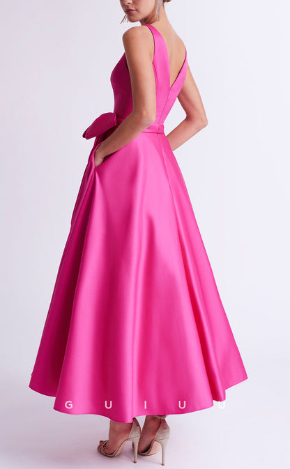 GM291 - A-Line V Neck Straps Sleeveless V Back Tea Length Cocktail Dress with Bow Knot