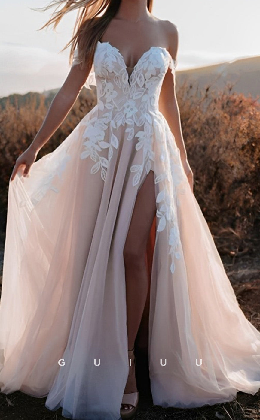 GW1043 -  A-Line Strapless Sleeveless Appiques Tulle Beach Boho Wedding Dress with High Side Slit