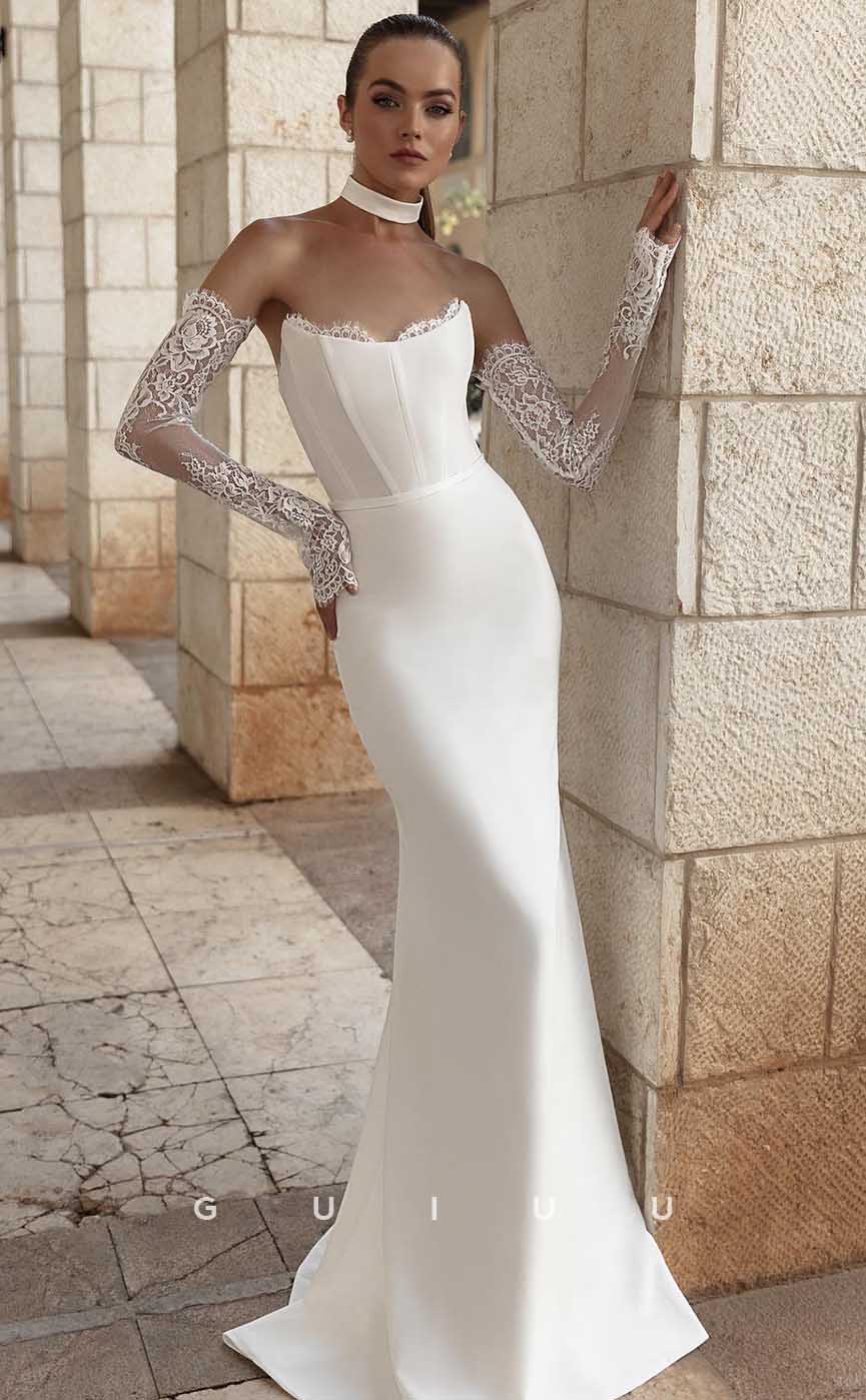 GW839 - Boat Neck Long Lace Sleeves Stain Mermaid Wedding Dress