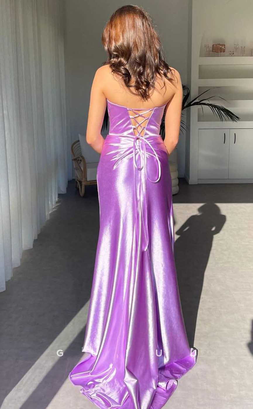 G4472 - Chic Column Low V Neck Sleeveless Purple Stain Ruched Floor-Length Evening Prom Dress with Slit