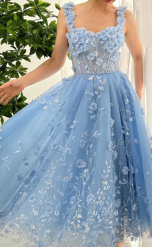 G4447 - Chic & Casual A-Line Tulle Appliques Pleats Prom Evening Gown with Flower Straps