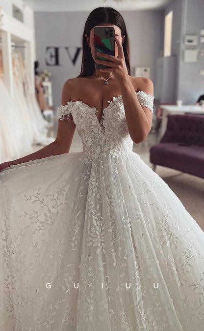 GW817 -  Chic & Modern A-Line Off-Shoulder Appliques Wedding Dress with Floor Train