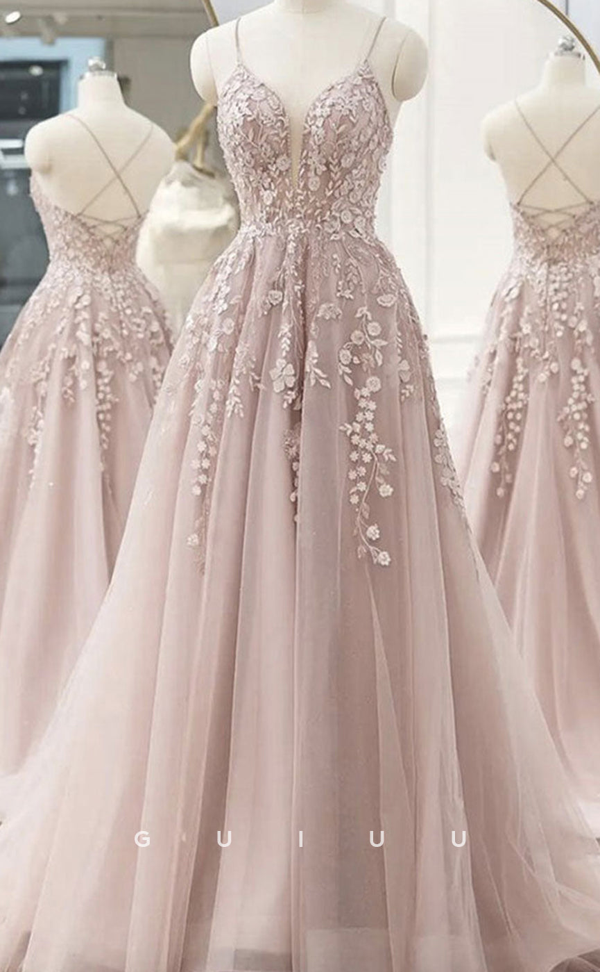 G3067 - Chic & Modern A-Line Straolesss Straps Sleeveless Appliques Tulle Long Prom Dress