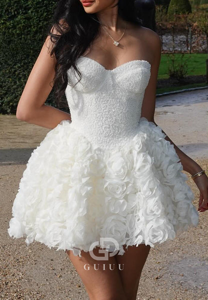 GH981 - Chic & Modern  A-Line Strapless Pearls Flowers Short Homecoming Dress