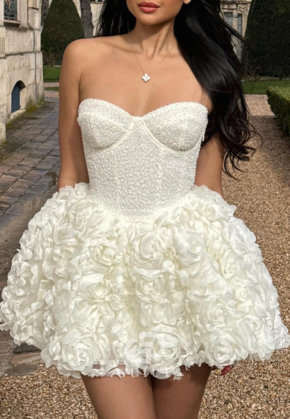 GH981 - Chic & Modern  A-Line Strapless Pearls Flowers Short Homecoming Dress