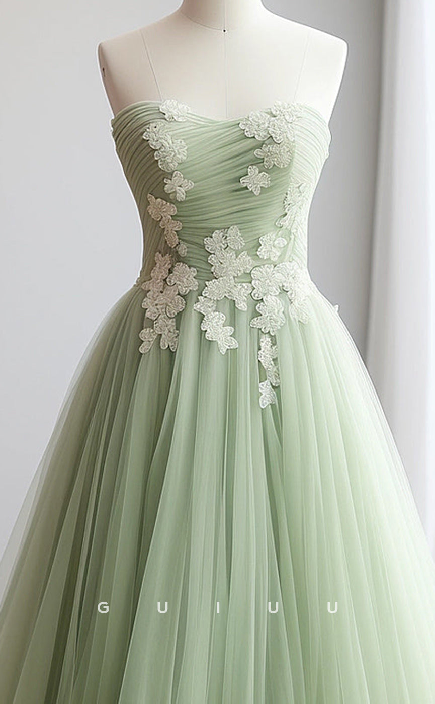 G3143 - Chic & Modern A-Line Strapless Sleeveless Appliques Tulle Long Prom Evening Dress