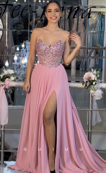 G4166 -Chic & Modern A-Line Strapless Sleeveless Beaded Long Prom Dresswith High Side Slit