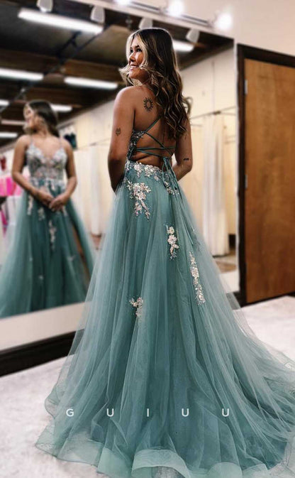 G4662 -  Chic & Modern A-Line Strapless Straps Sleeveless Appliques Criss-Cross Straps Tulle Prom Evening Dress with Slit