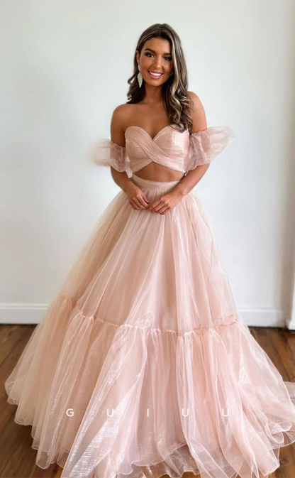 G4629 - Chic & Modern A-Line Two Pieces Strapless Off-Shoulder Tulle Pink Long Prom Dress