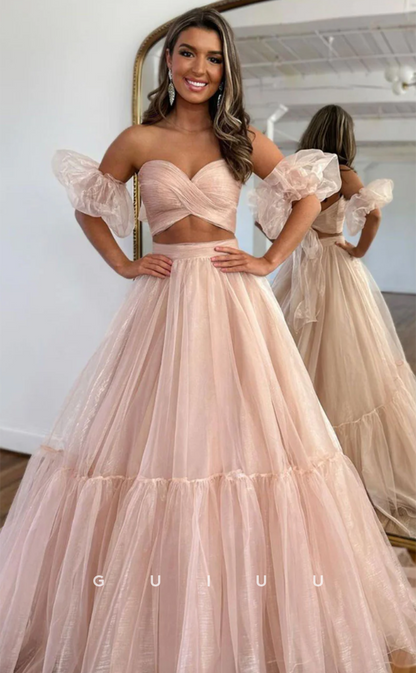 G4629 - Chic & Modern A-Line Two Pieces Strapless Off-Shoulder Tulle Pink Long Prom Dress