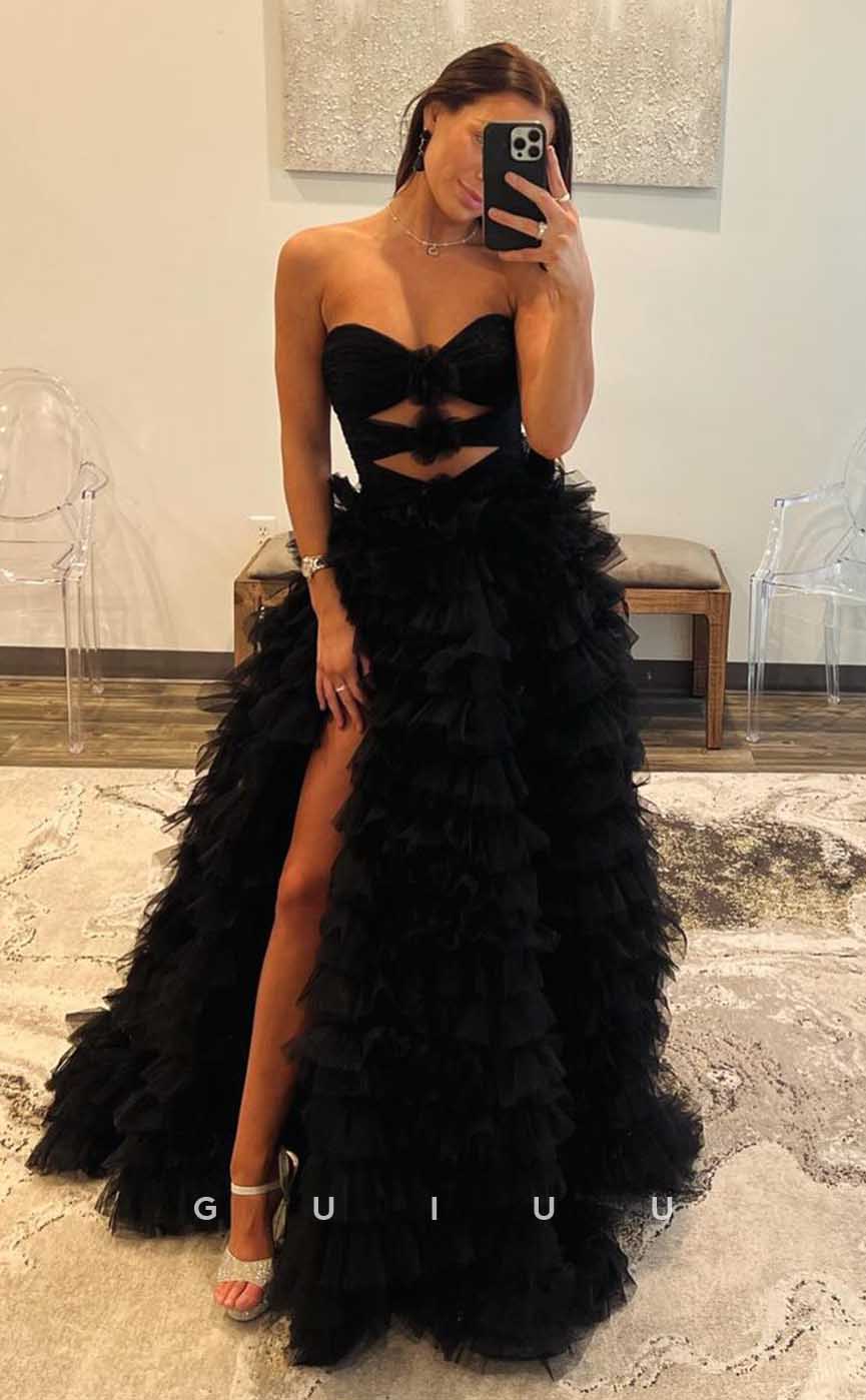 G4430 - Chic & Modern Black A-Line Strapless  Sleeveless Tulle Tiered Illusion Open Back Long Sweep Prom Party Dress With Slit