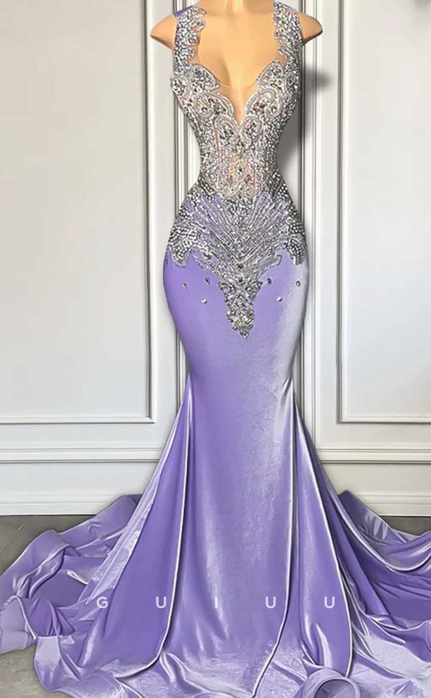 G4587 -  Chic& Modern Mermaid Sleeveless Crystal Purple Velvet Court Train Party Prom Dress