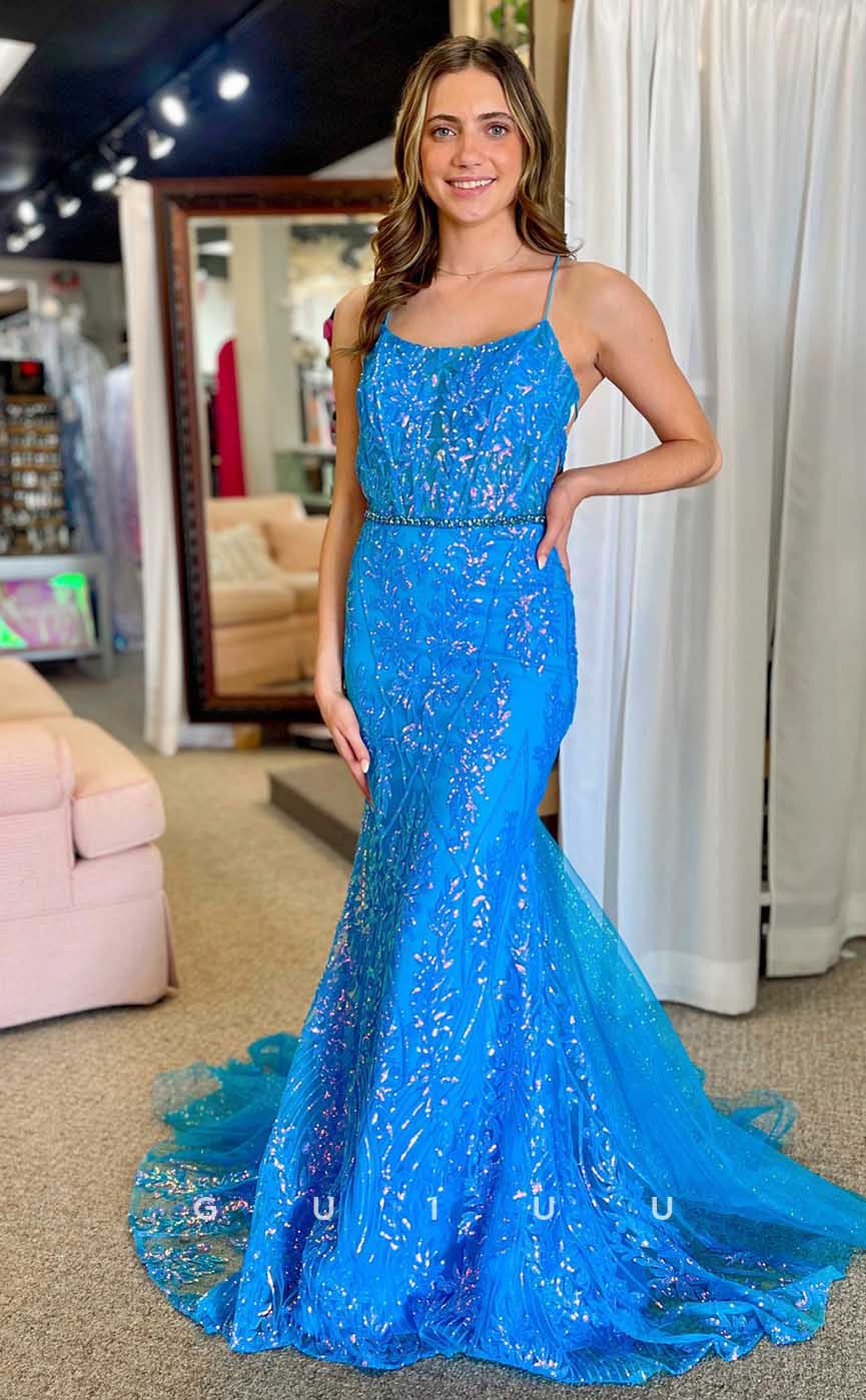 G4549 - Chic & Modern Mermaid Square Straps Sequined Appliques Tulle Prom Party Dress with Train