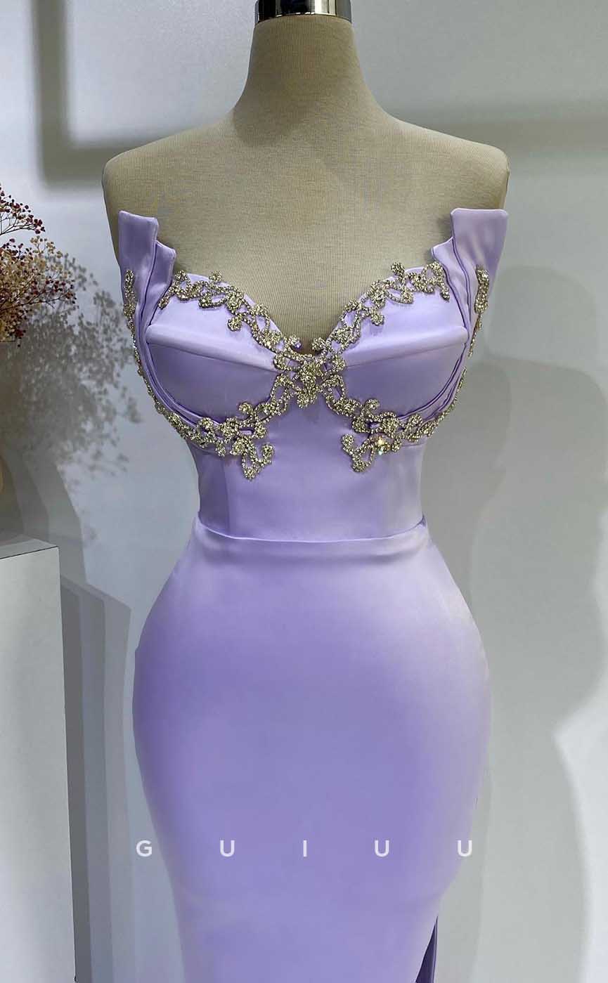 G4544 - Chic & Modern Mermaid Strapless Purple Stain Pleats Crystal Prom Party Dress with Slit and Train