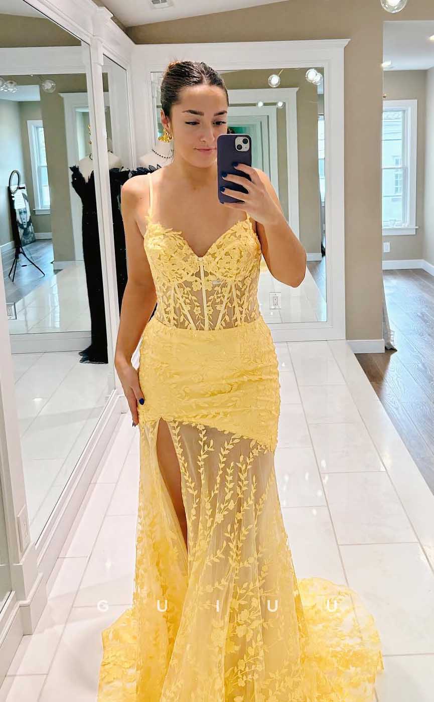 G4576 - Chic & Modern Mermaid Strapless Sleeveless Lace Appliques High Side Slit Prom Dress with Train