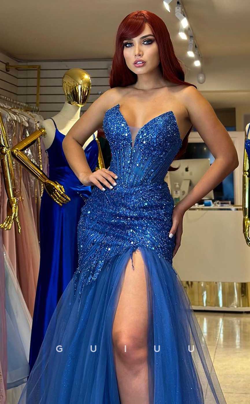 G4458 -  Chic & Modern Sheath Blue Sequins Tulle Long Prom Gown with Slit