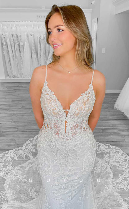 GW855 - Chic & Modern V Neck Straps Appliques Backless Mermaid Boho Wedding Dress with Train