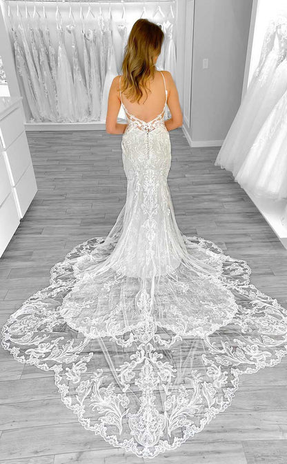 GW855 - Chic & Modern V Neck Straps Appliques Backless Mermaid Boho Wedding Dress with Train