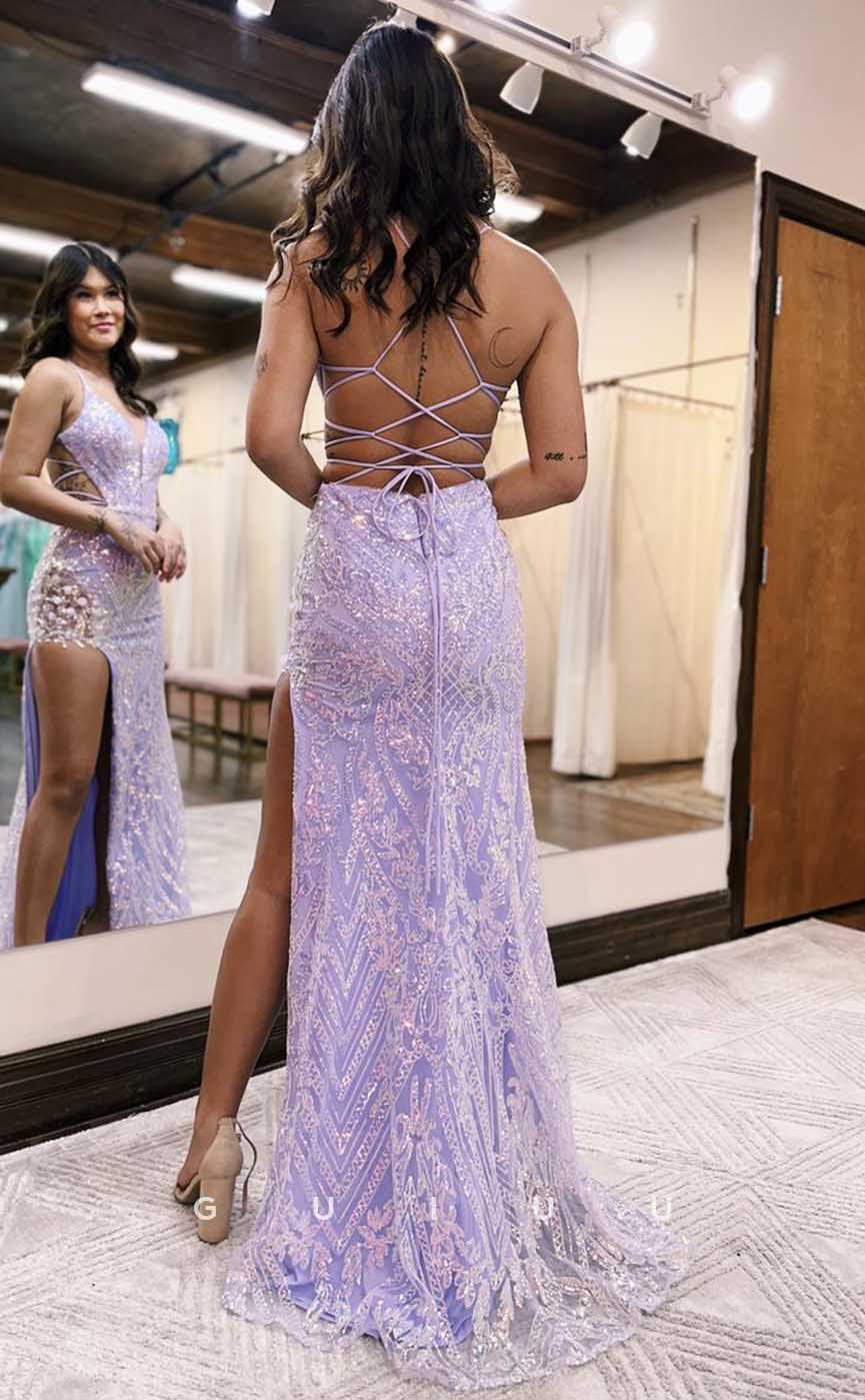 G4620 -  Chic & Modern V Neck Straps Fully Sequined and Appliques Criss-Cross Straps Prom Party Dress wth Slit