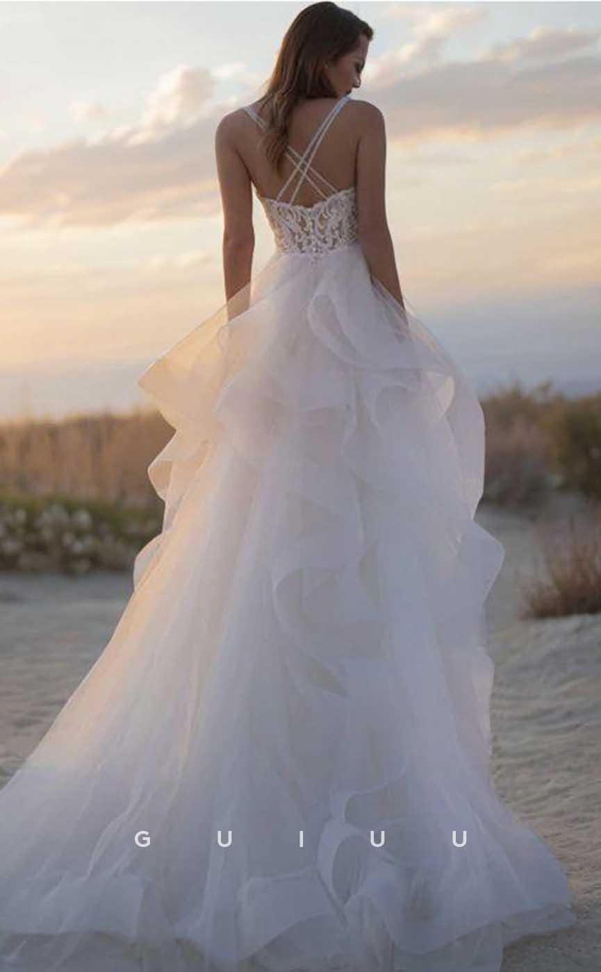 GW915 -  Chic & modern A-Line V-neck Criss-Cross Straps Sweep Train Tulle Tiered Wedding Dress