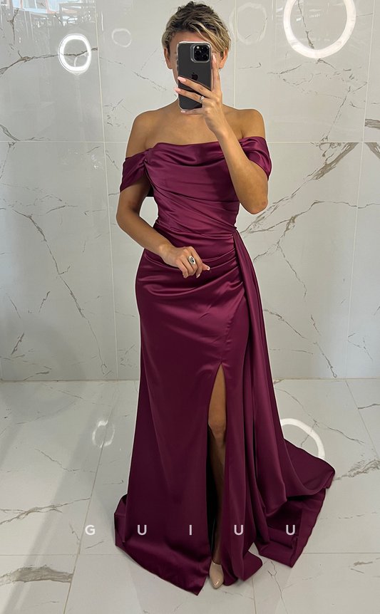 G4509 - Classic Column Off-Shoulder Stain Ruched Long Prom Dress with Slit