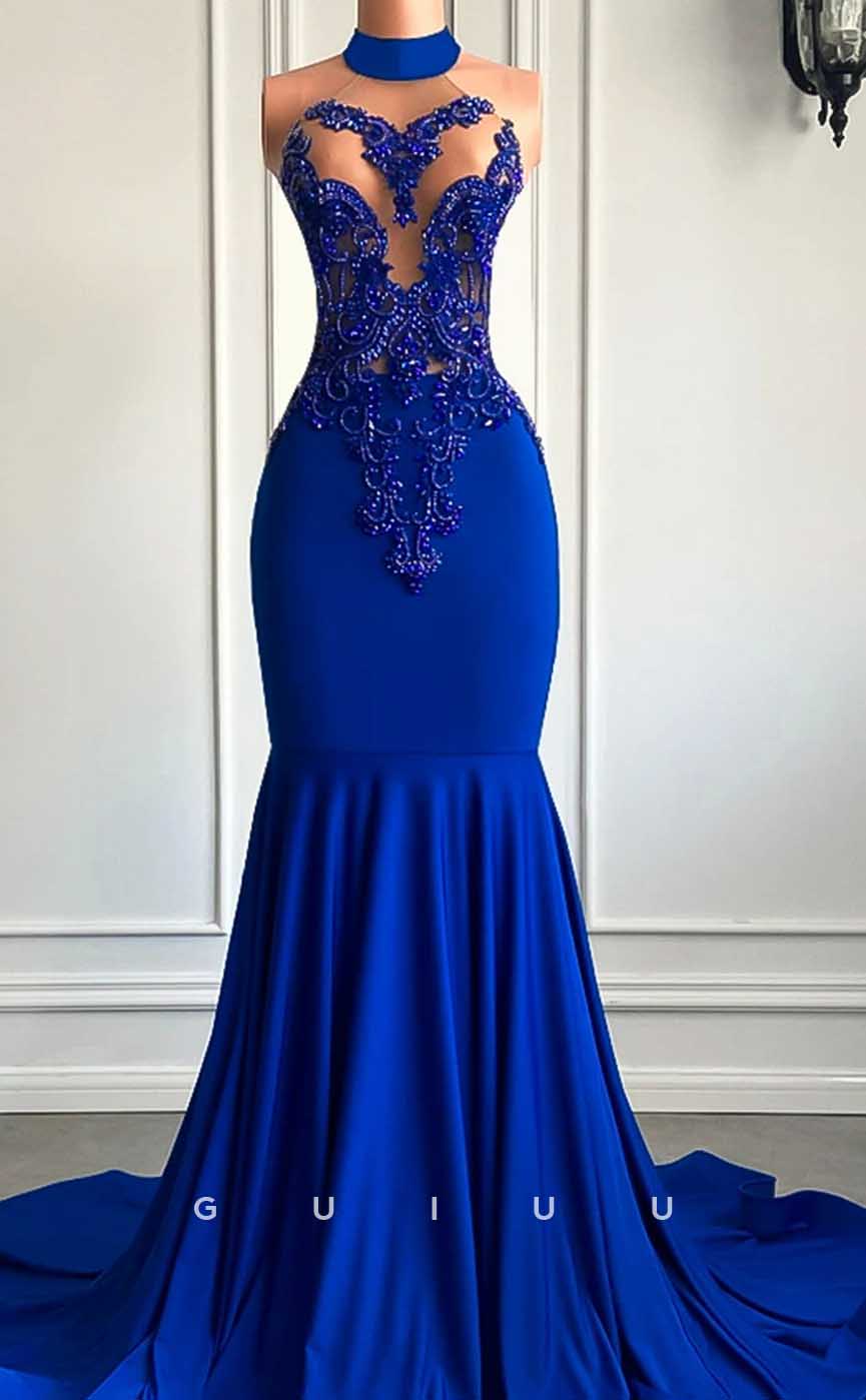 G4592 - Classic Mermaid Illsion Sleeveless Appliques Beaded Blue Velvet Court Train Formal Prom Gown