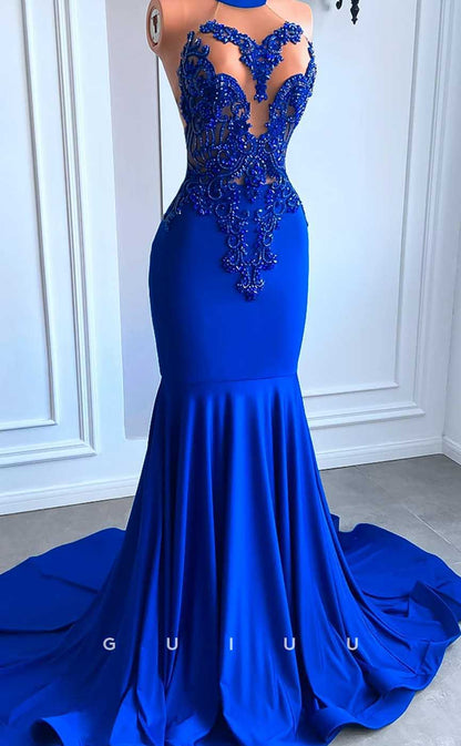 G4592 - Classic Mermaid Illsion Sleeveless Appliques Beaded Blue Velvet Court Train Formal Prom Gown