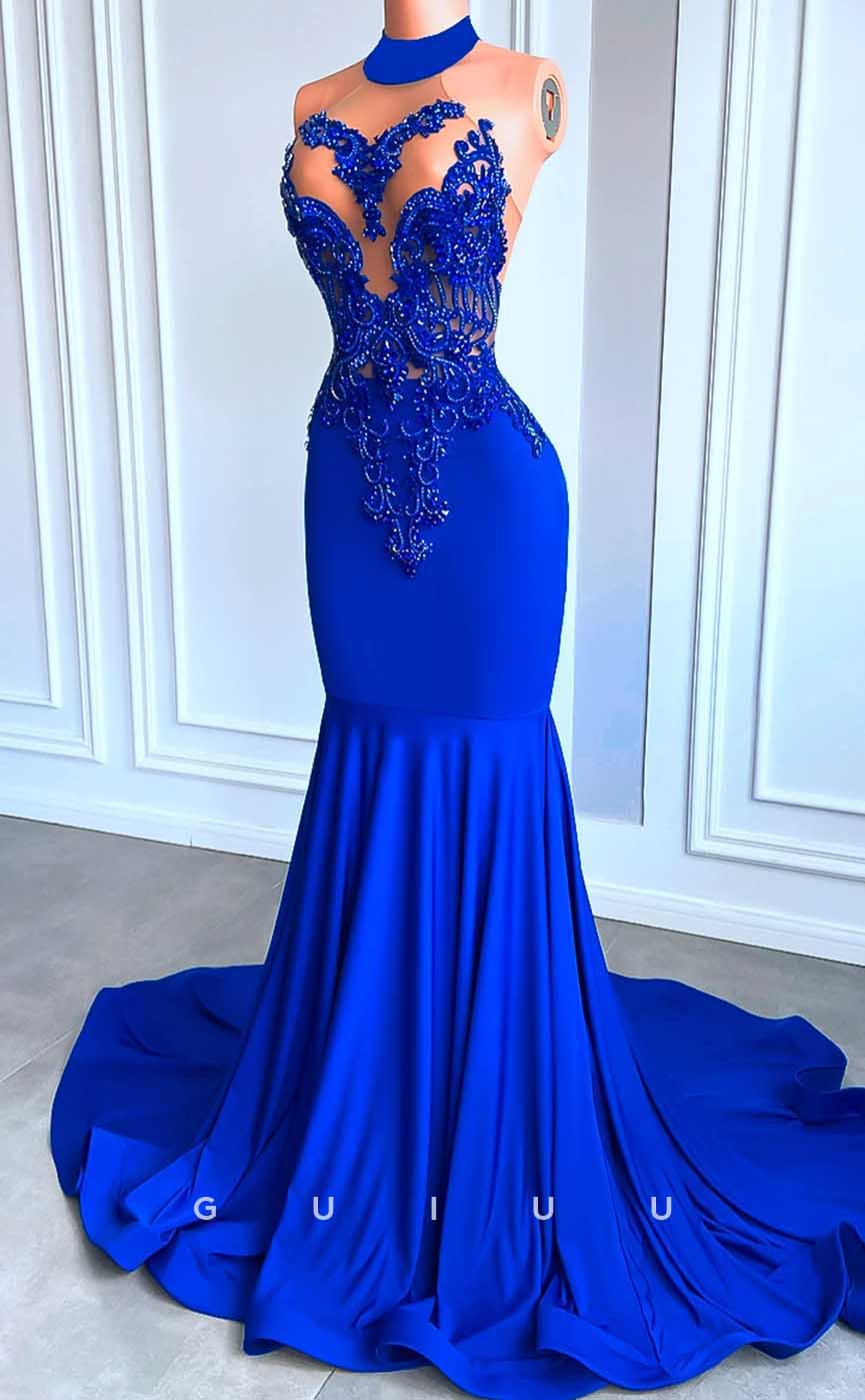 G4592 - Classic Mermaid Illsion Sleeveless Appliques Beaded Blue Velvet Court Train Formal Prom Gown