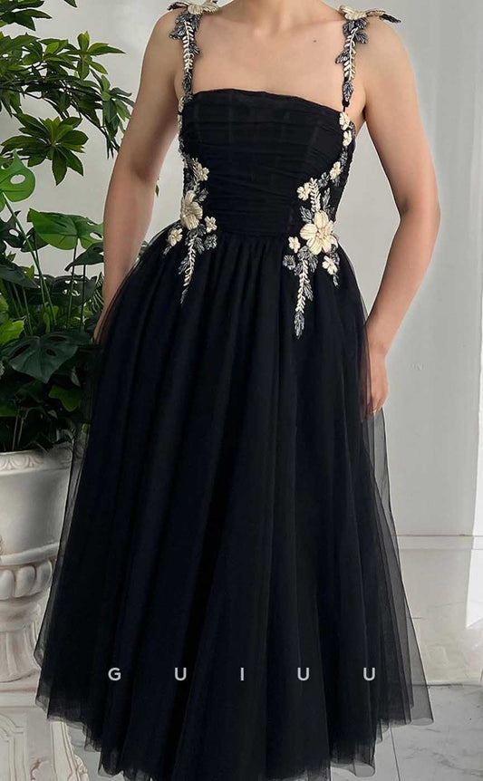 G4448 - Classic & Chic A-Line Tulle Square Appliques Lace-Up Prom Party Dress with Special Straps