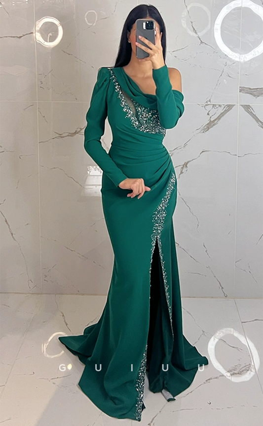 G4512 - Classic & Modern Column Sheath One Shoulder Long Sleeves Ruched Crystal High Side Slit Prom Party Dress