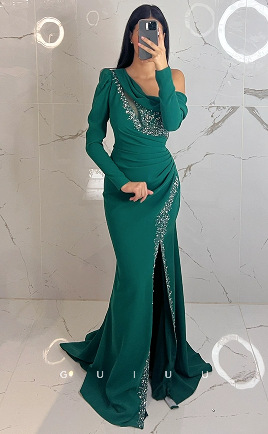 G4512 - Classic & Modern ColumnOne Shoulder Long Sleeves Ruched Crystal High Side Slit Semi Formal Prom Dress