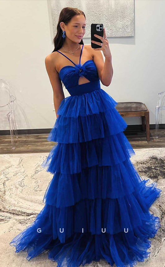 G4432 - Classic & Timeless Blue A-Line Strapless Halter Tulle Tiered Open Back Long Sweep Prom Party Dress