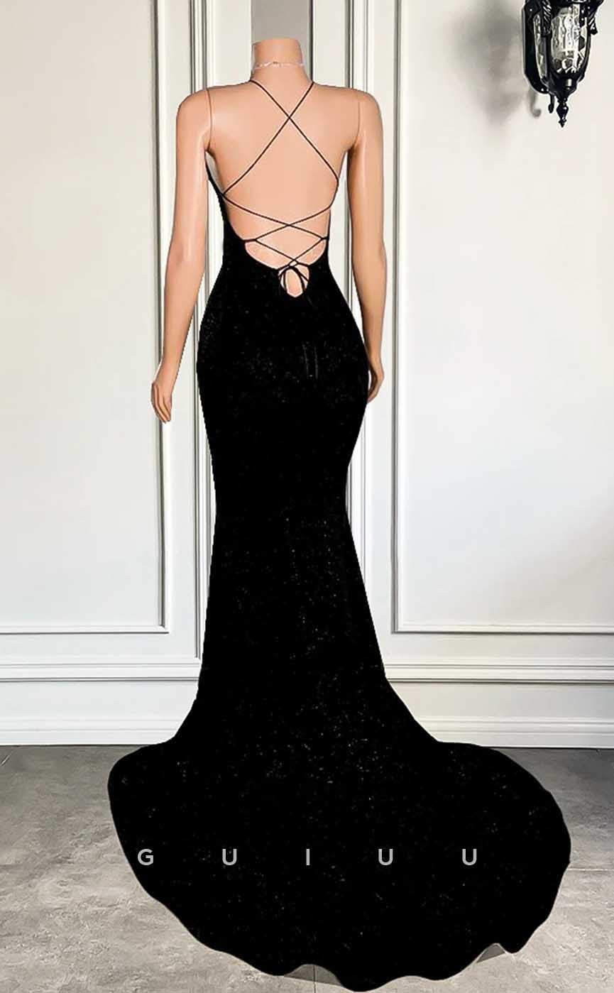 G4595 - Classic & Timeless Mermaid Sheath V Neck Straps Sleeveless Black Fully Sequined High Side Slit and Train Prom Dress Formal Gown