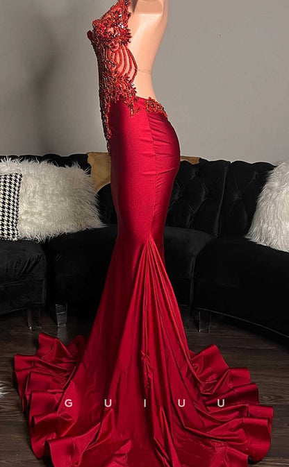 G4577 -  Classic & Timeless V Neck Appliques Beaded Stain Red Prom Evening Dress with Slit