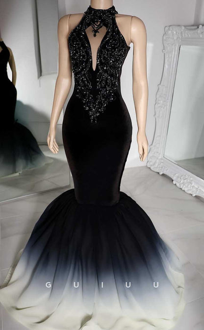 G4568 - Classic &Unique Mermaid High Neck Sleeveless Appliues Beaded Prom Dress with Train