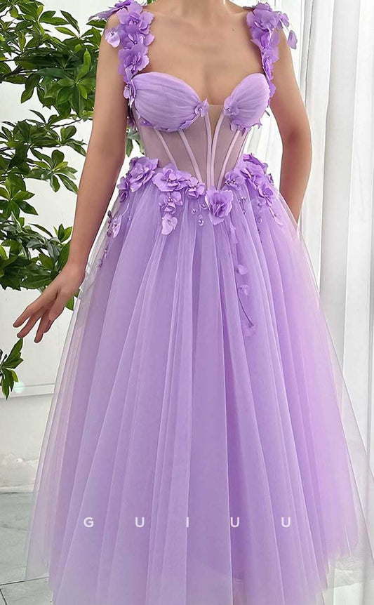 G4446 - Classsic & Unique A-Line Tulle Strapless Pleats Prom Party Dress with Flower Straps