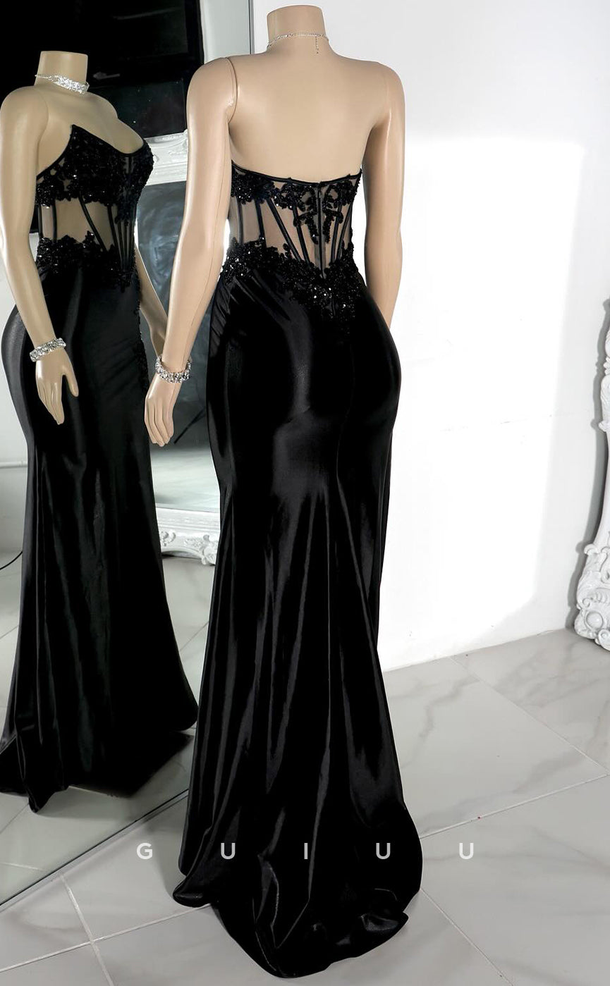 G4124 -Column Boat Neck Sleeveless Appliques Illsion Back Zipper Black Prom Party Dress with Train and Slit