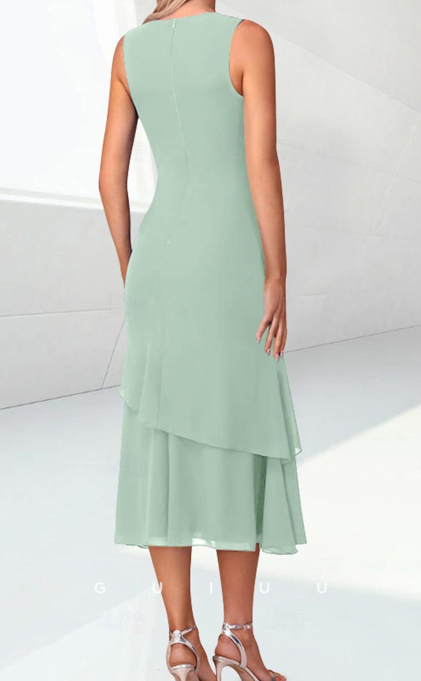 GM079 -  Column Scoop Neck 34 Length Sleeves Tea Length Back Zipper Ruffles Chiffon Mother of the Bride Dress Wrap Included