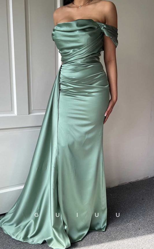 G4511 - Column Strapless Sleeveless Stain Ruchde Sweep-Length Prom Evening Gown