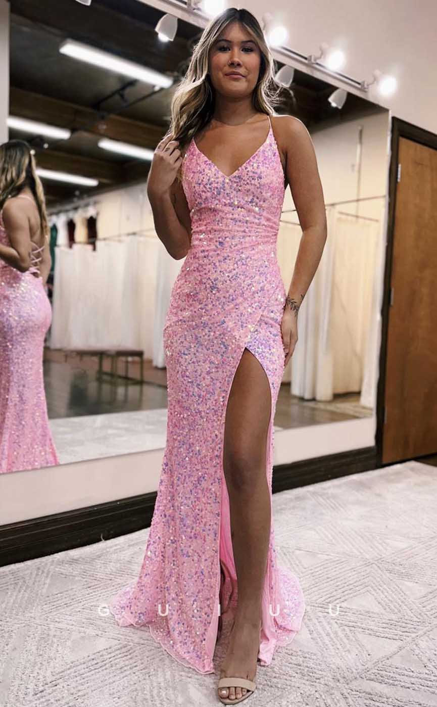 G4658 - Cute & Chic Sheath V Neck Straps Sleeveless Fully Sequined High Side Slit Criss-Cross Straps Prom Dress for Black Slay