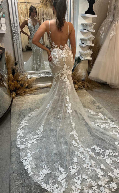 GW858 -  Deep V Neck Straps Appliques Backless Mermaid Boho Wedding Dress with Slit