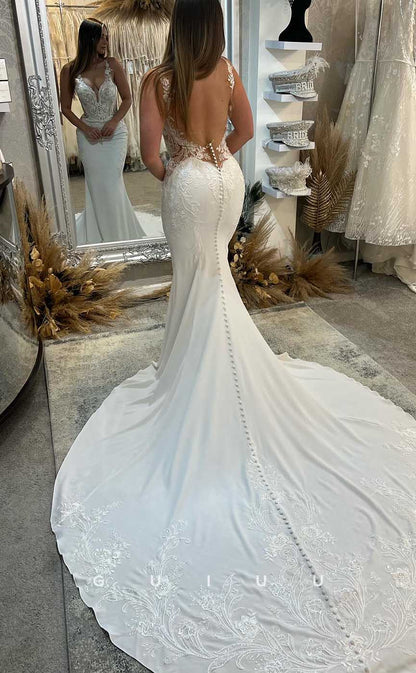 GW861 -  Deep V Neck Straps Buttons Appliques Lace Backless Mermaid Wedding Dress with Slit