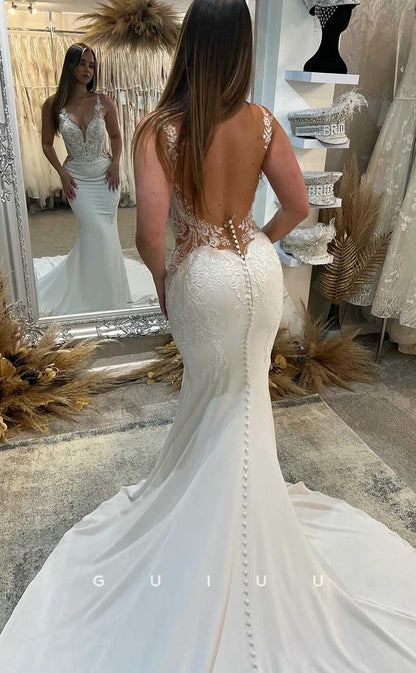 GW861 -  Deep V Neck Straps Buttons Appliques Lace Backless Mermaid Wedding Dress with Slit