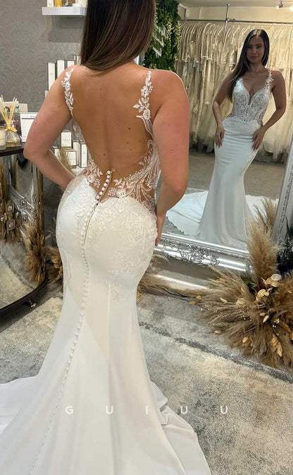 GW861 -  Deep V Neck Straps Buttons Appliques Lace Backless Mermaid Wedding Dress with Slit