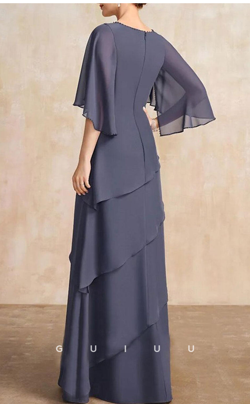 GM013 -  Elegant A-Line 34 Length Sleeves  Floor Length Chiffon Mother of the Bride Dress with Ruffles