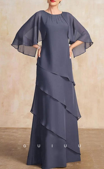 GM013 -  Elegant A-Line 34 Length Sleeves  Floor Length Chiffon Mother of the Bride Dress with Ruffles