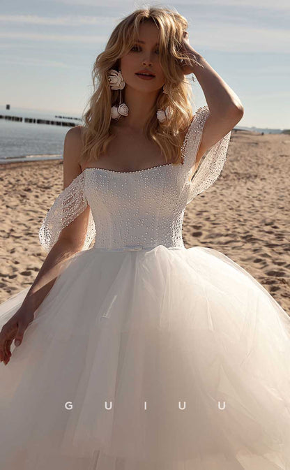 GW899 - Elegant A-Line Off-Shoulder Pearls Tulle Tiered Beach Wedding Dress