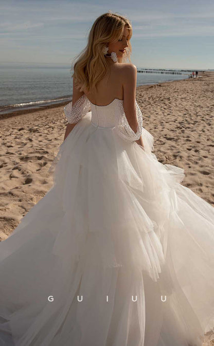 GW899 - Elegant A-Line Off-Shoulder Pearls Tulle Tiered Beach Wedding Dress