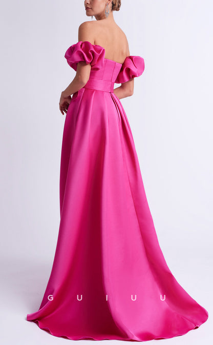 GM288 -  Elegant A-Line Off Shoulder Satin Long Cocktail Dress with Train