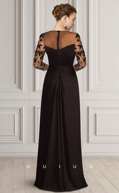 GM004 -  Elegant A-Line Scoop Neck Long Sleeves Appliques Back Zipper Floor Length Chiffon Guest Mother of the Bride Dress